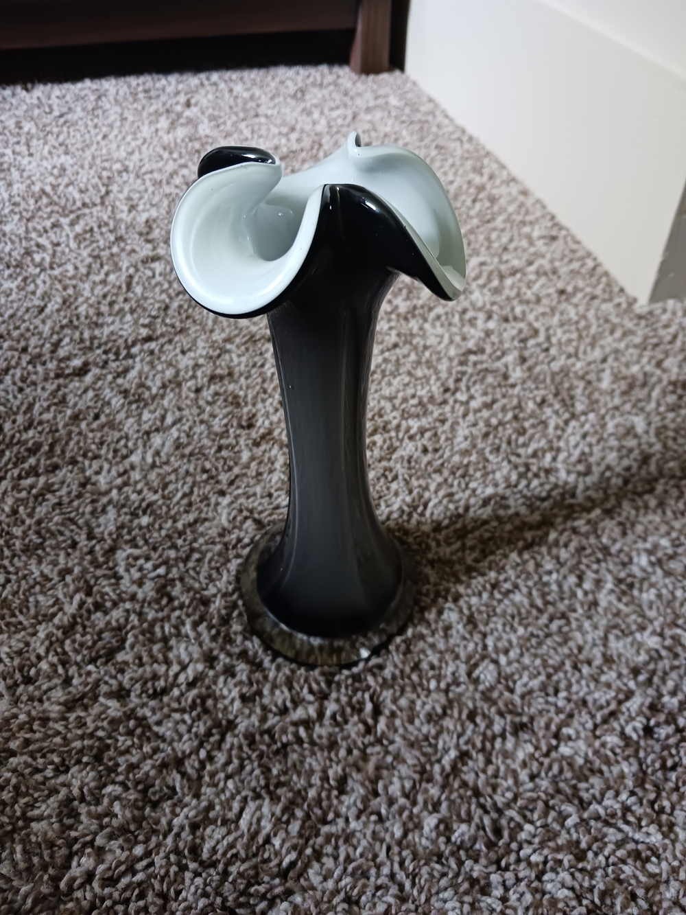Vintage MCM Black and White Blown Glass Ruffled Vase